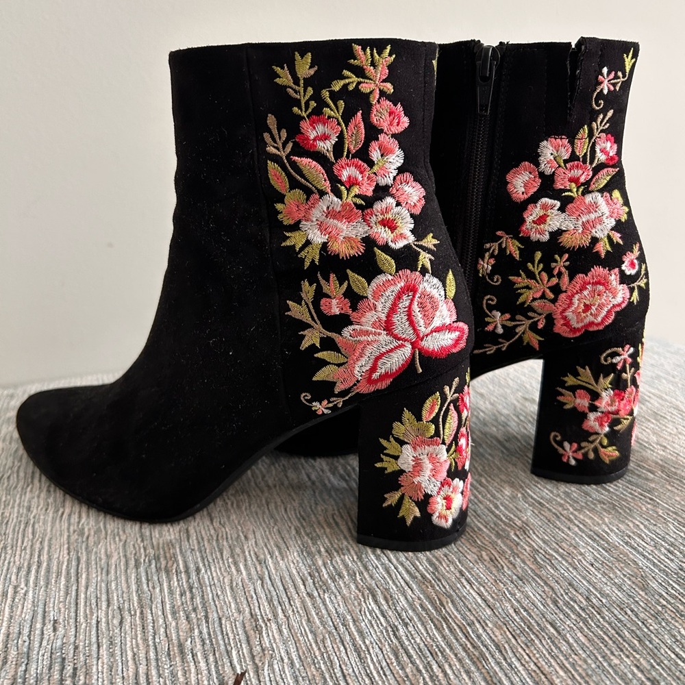 Marks & Spencer Black Ankle Boots with Pink Floral Embroidery